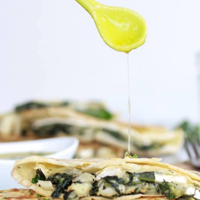 Brie, Spinach & Artichoke Heart Pancakes with Honey Sauce